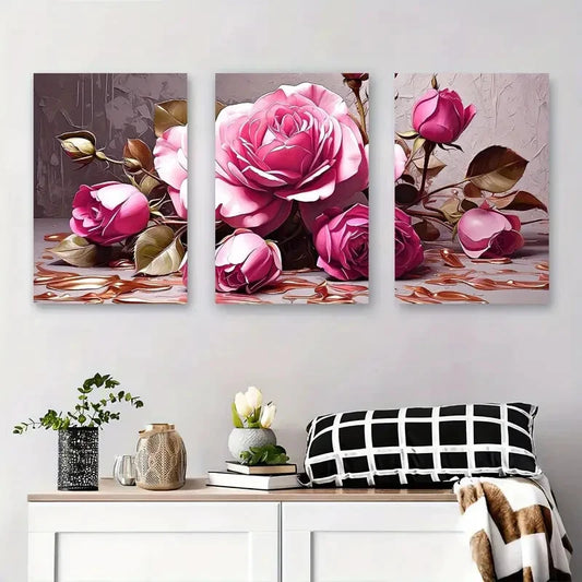 3pcs Elegant Abstract Rose Modern Chic Botanical Metal Print Ready to Hang Art