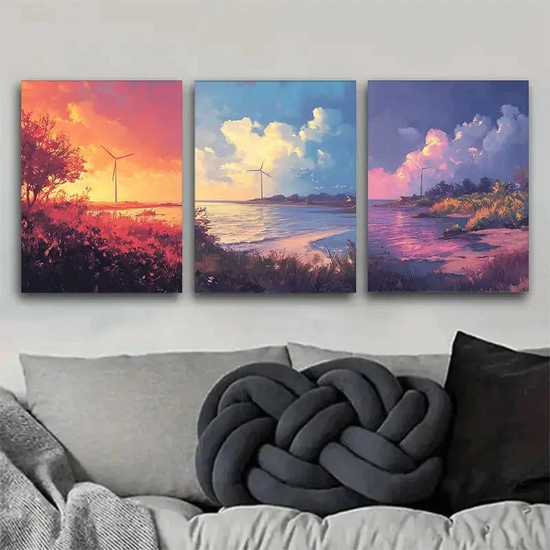 3pcs Wind Turbine Coastal Landscape Art Metal Print Ready to Hang Art