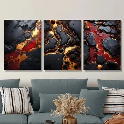 3pcs Golden red black texture art, Metal Print Ready to Hang Art