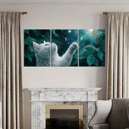 3pcs White Cat Reaching Stars Night Sky Green Metal Print Ready to Hang Art