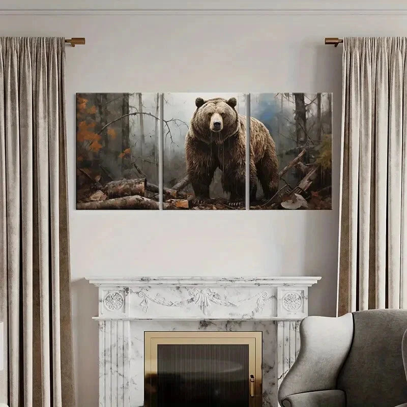 3pcs Artistic Bear Forest Scene Wildlife Decor Metal Print Ready to Hang Art