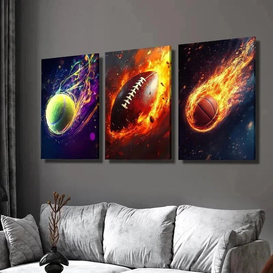 3pcs Fiery Tennis Rugby Basketball Decor Wall Art Set Canvas Framed 40x60cm - High Quality Print 100% Australian Made Wall Canvas Ready to Hang
