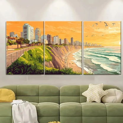 3pcs Vibrant Peruvian Skyscrapers Beach & Sunset Metal Print Ready to Hang Art