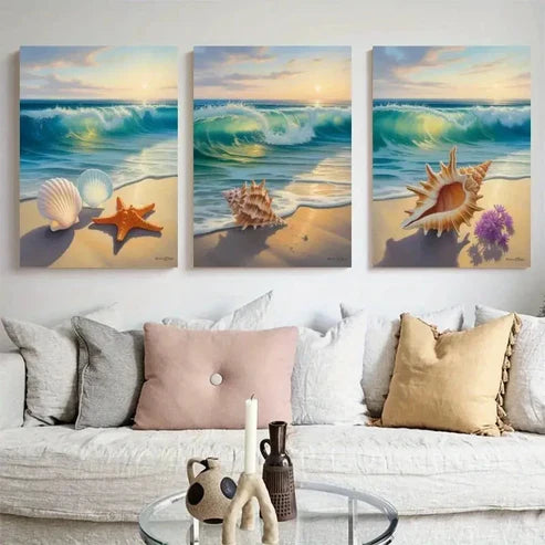 3pcs Seashells, Starfish, Ocean Waves Wall Art Canvas Unframed - High Quality Print 100% Australian Made Wall Canvas