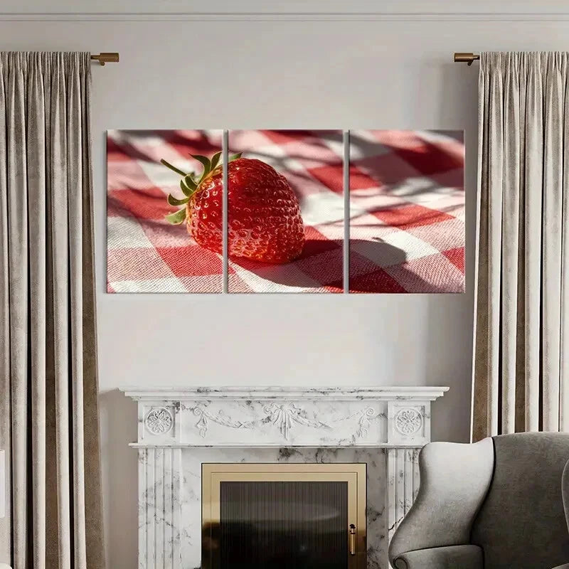 3pcs Fresh Vibrant Strawberry on Checkered Cloth Metal Print Ready to Hang Art