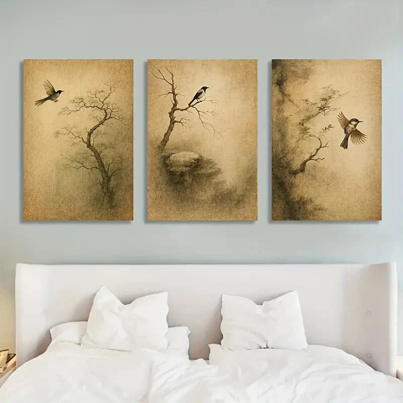 3pcs Japanese-Inspired Tree & Bird Mountain Metal Print Ready to Hang Art