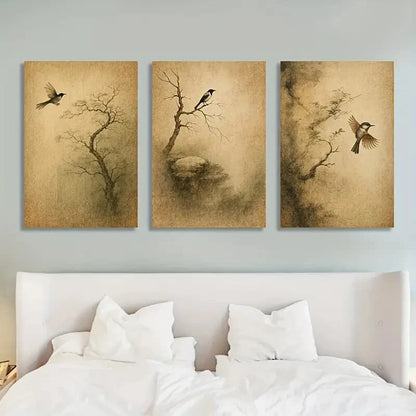 3pcs Japanese-Inspired Tree & Bird Mountain Metal Print Ready to Hang Art