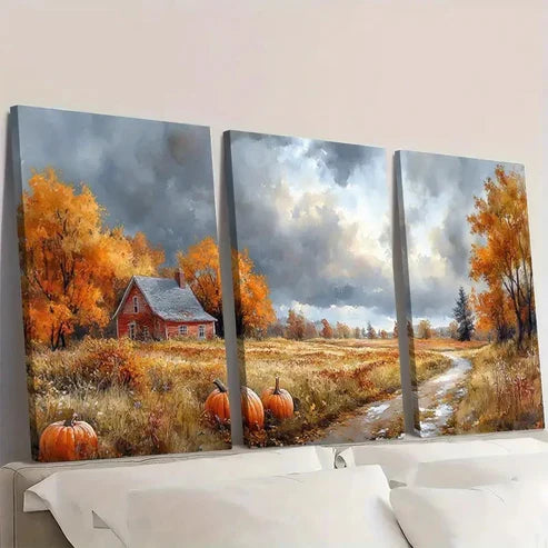 3pcs Red House & Pumpkins Wall Art Canvas Unframed – High Quality Print 100% Australian Made Wall Canvas