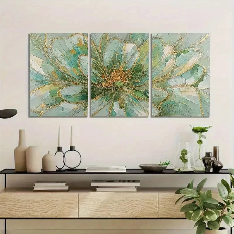 3pcs Flower with Light Green-Golden and Golden Metal Print Ready to Hang Art