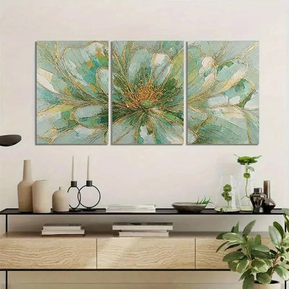 3pcs Flower with Light Green-Golden and Golden Metal Print Ready to Hang Art