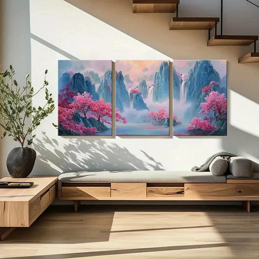 3pcs Artistic Landscape Painting Pink Blossoms Metal Print Ready to Hang Art