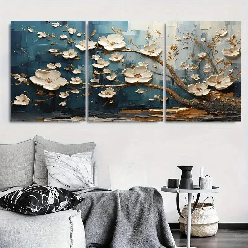 3pcs Elegant White and Golden Floral Blue Metal Print Ready to Hang Art