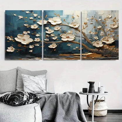 3pcs Elegant White and Golden Floral Blue Metal Print Ready to Hang Art