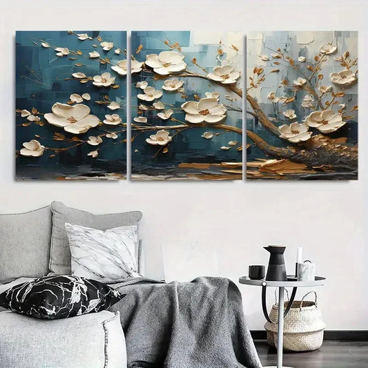 3pcs Elegant White and Golden Floral Blue Metal Print Ready to Hang Art