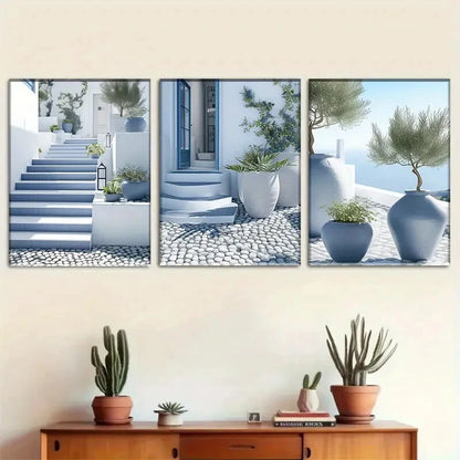 3pcs Santorini Blue And White Mediterranean Metal Print Ready to Hang Art