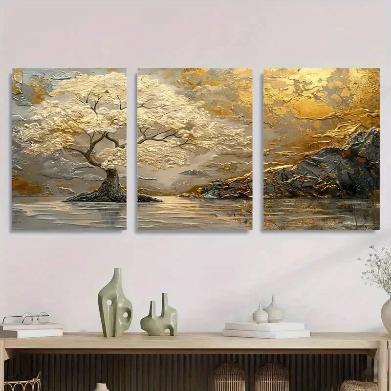 3pcs Modern Abstract Nature Golden Metal Print Ready to Hang Art