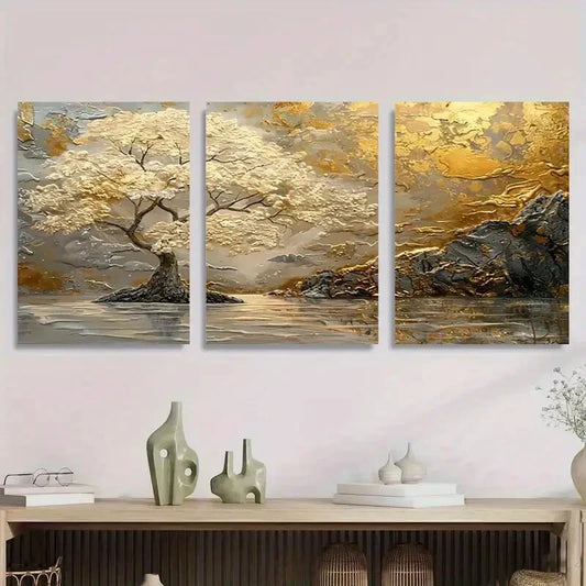 3pcs Modern Abstract Nature Golden Metal Print Ready to Hang Art