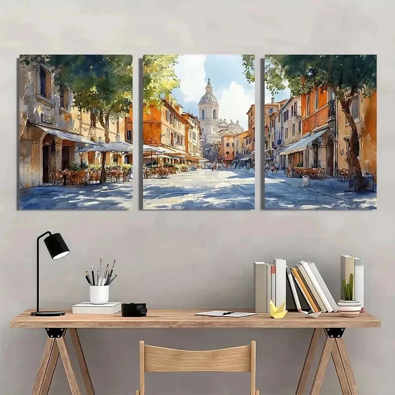 3pcs Italian Street Cafes & Historic Buildings Wall Art Set Canvas Framed 50x70cm - High Quality Print 100% Australian Made Wall Canvas Ready to Hang