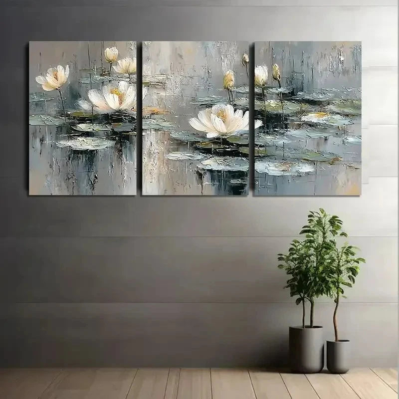 3pcs White for Lotus Pond with Soft Gray Tones Metal Print Ready to Hang Art