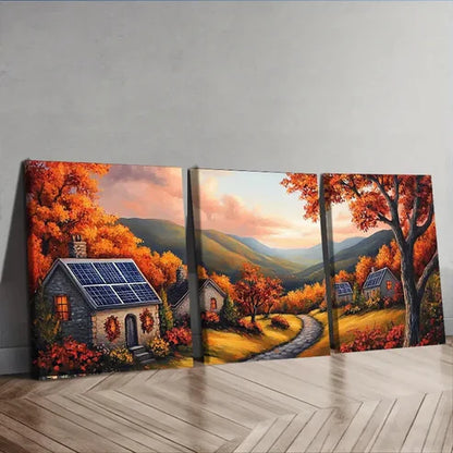 3pcs Autumn Sun House Waterproof Nature Perfect Wall Art Set Canvas Unframed - High Quality Print 100% Australian Made Wall Canvas