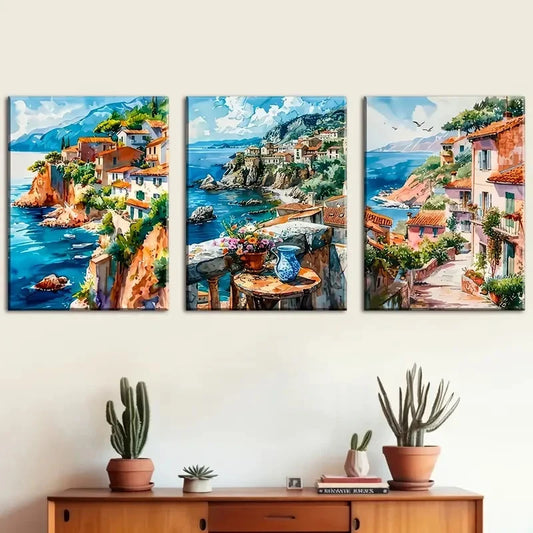 3pcs Vibrant Ocean Views with Colorful Buildings Metal Print Ready to Hang Art