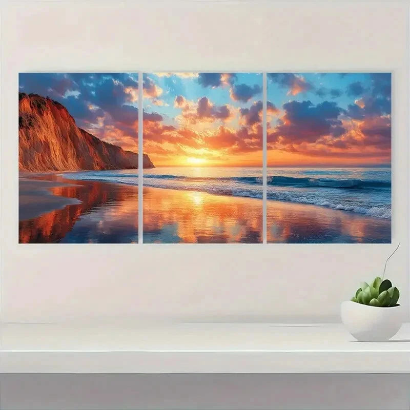 3pcs Scenic Beach Waves & Cliffs Reflections Metal Print Ready to Hang Art