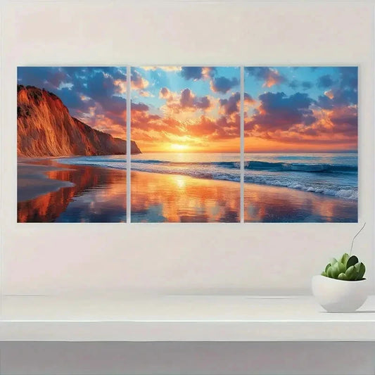 3pcs Scenic Beach Waves & Cliffs Reflections Metal Print Ready to Hang Art