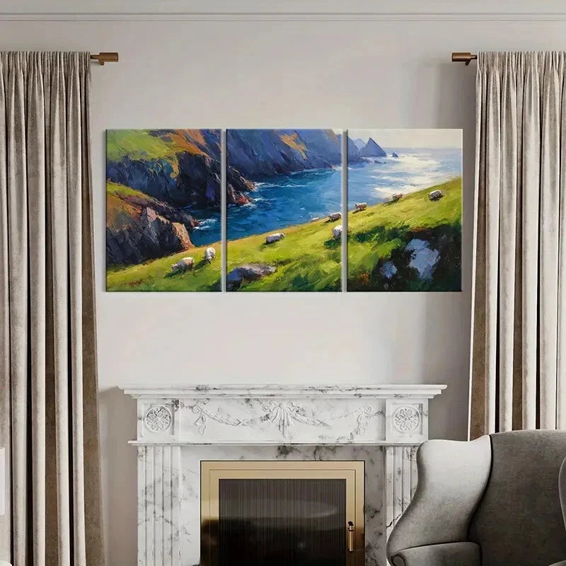 3pcs Coastal Landscape Sheep Grazing Ocean Waves Metal Print Ready to Hang Art