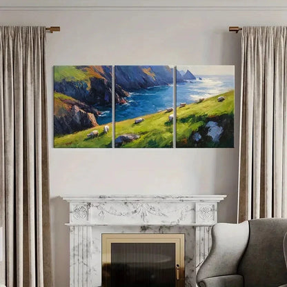 3pcs Coastal Landscape Sheep Grazing Ocean Waves Metal Print Ready to Hang Art