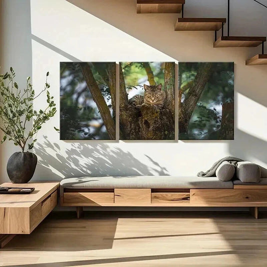 3pcs Charming Grey Kitten on Tree Wall Art Set Canvas Framed 40x60cm - High Quality Print 100% Australian Made Wall Canvas Ready to Hang