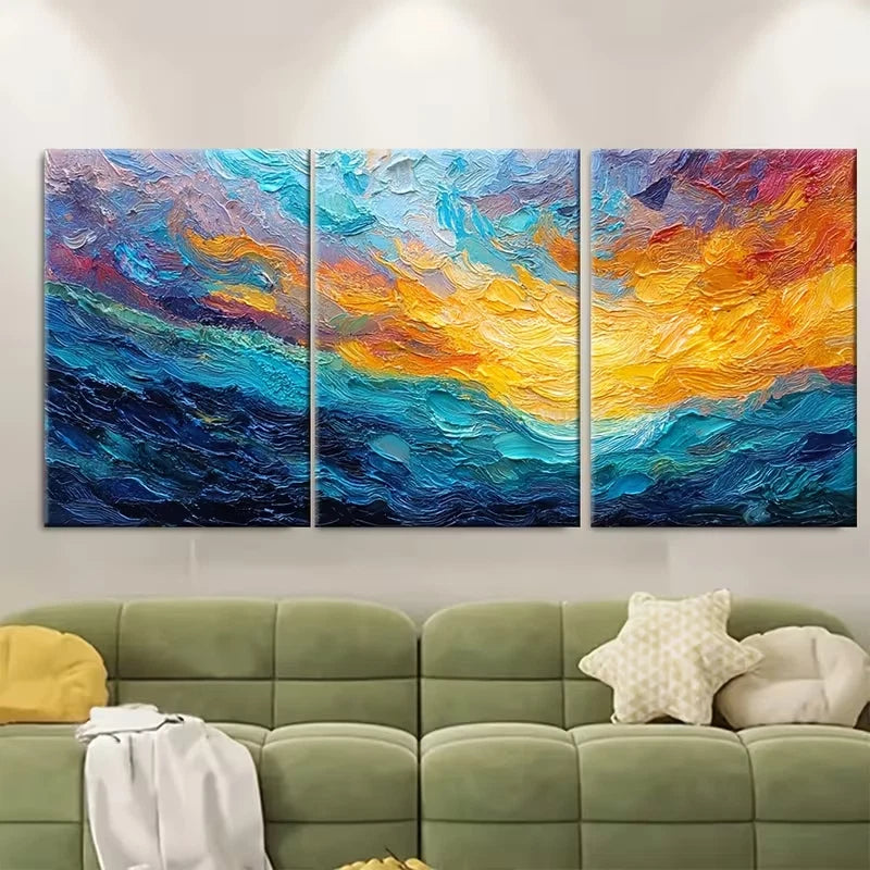 3pcs Abstract Sunrise Ocean Oil Painting Metal Print Ready to Hang Art