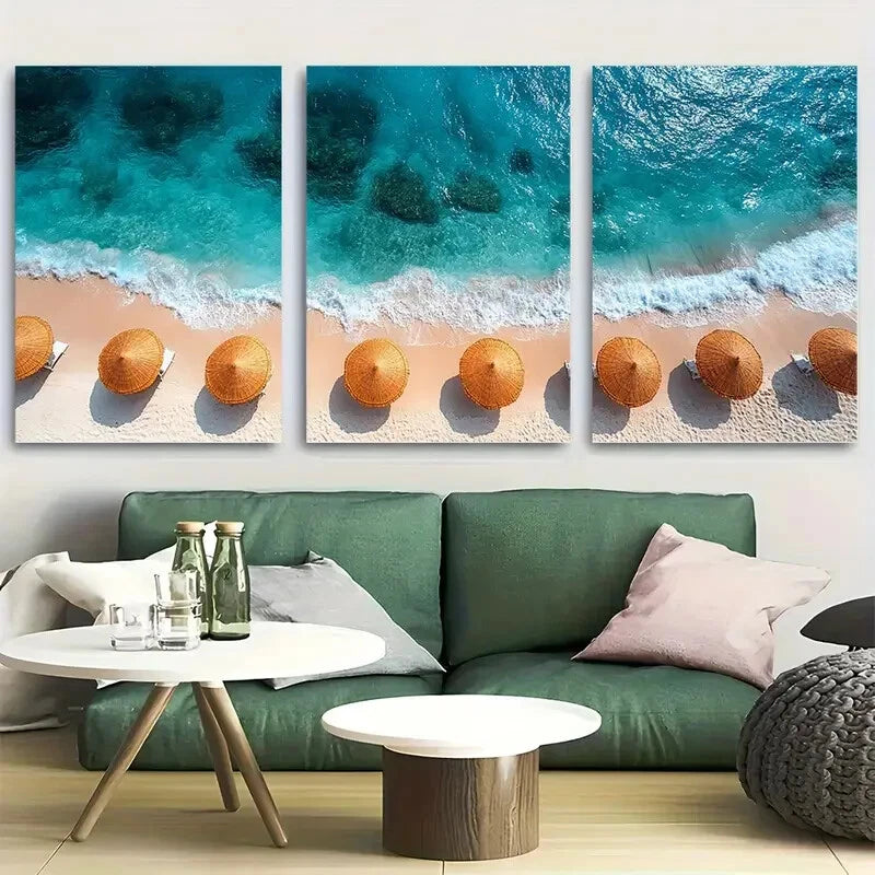 3pcs Beach Umbrella & Ocean Design Metal Print Ready to Hang Art