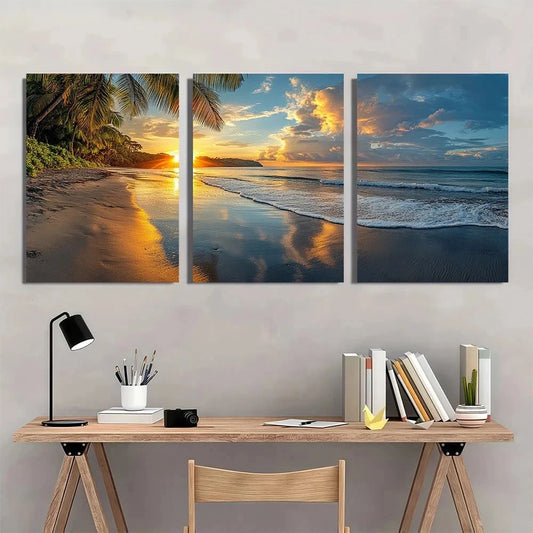 3pcs Beach Scenery Coconut Trees Sunset Metal Print Ready to Hang Art