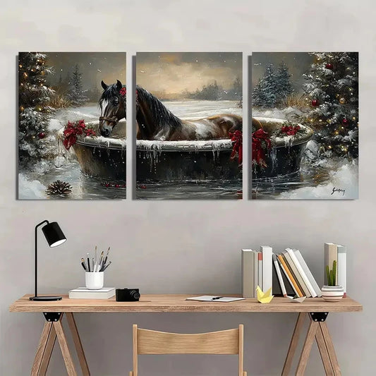3pcs Dark Horse in Bathtub Scene Metal Print Ready to Hang Art