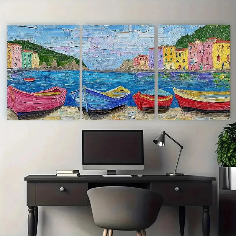 3pcs Pastel Row Boat in an Italian Fishing Village Metal Print Ready to Hang Art