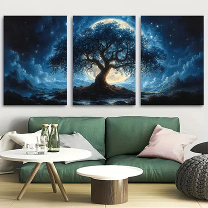 3pcs Mystical Night Sky & Glowing Tree Design Metal Print Ready to Hang Art