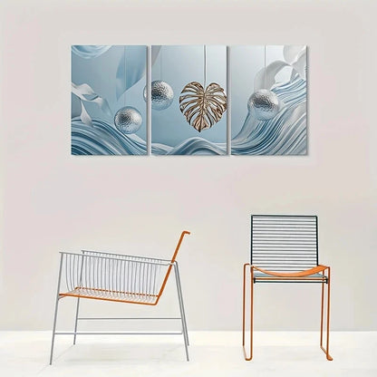 3pcs Blue and Silvery Leaf Abstract Metal Print Ready to Hang Art