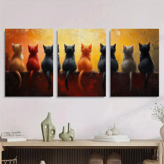 3pcs Vibrant Cat Family Modern Oil Painting Metal Print Ready to Hang Art