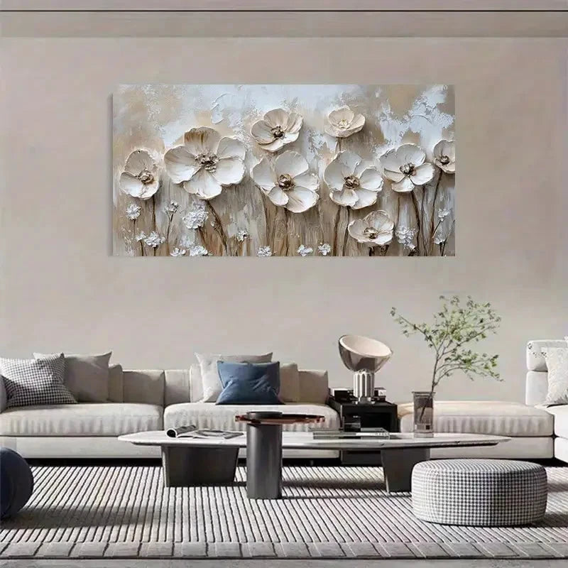 Abstract White & Beige Floral Wall Art Canvas Office Home Room Framed 120x60cm