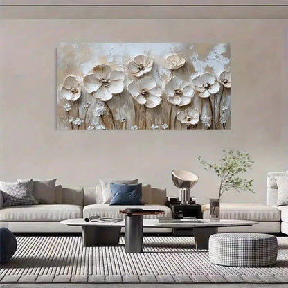 Abstract White & Beige Floral Wall Art Canvas Office Home Room Framed 120x60cm