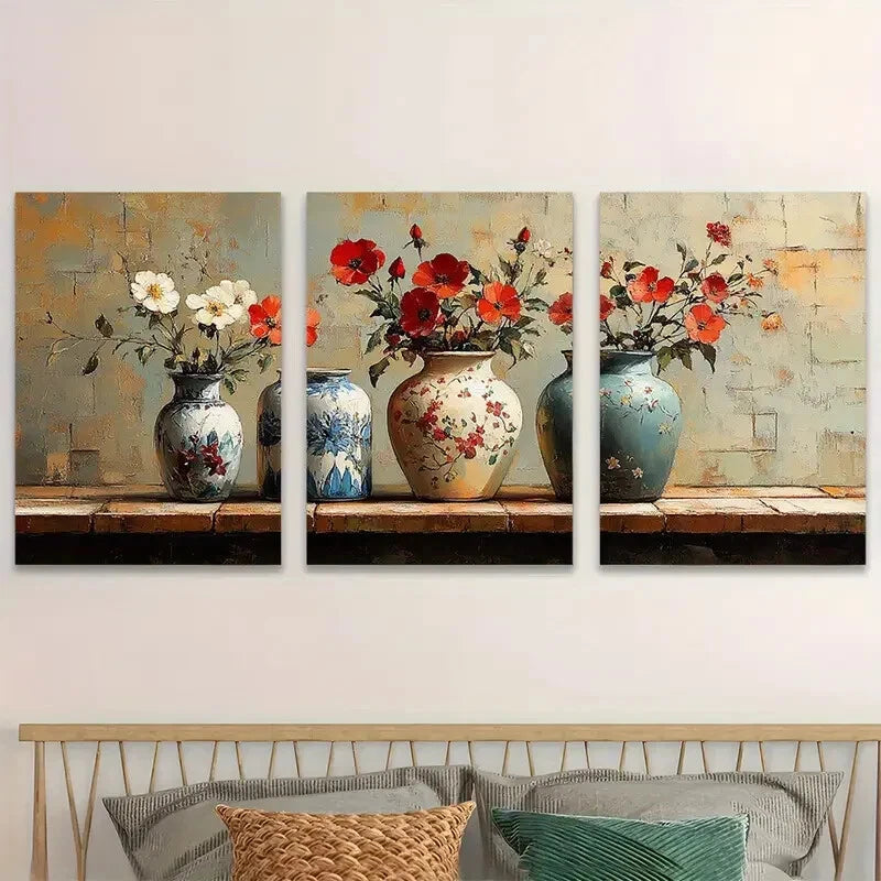 3pcs Eclectic Still Life Painting Of Vases Design Metal Print Ready to Hang Art