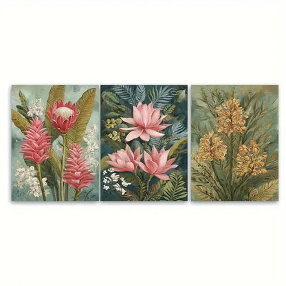 3pcs Vintage Indonesian Floral Illustration Wall Art Set Canvas Framed 60x90cm - High Quality Print 100% Australian Made Wall Canvas Ready to Hang