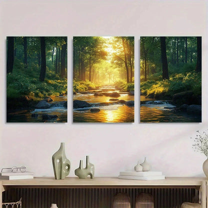 3pcs Vibrant Natural Scene Forest Stream Metal Print Ready to Hang Art