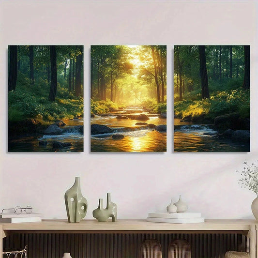 3pcs Vibrant Natural Scene Forest Stream Metal Print Ready to Hang Art