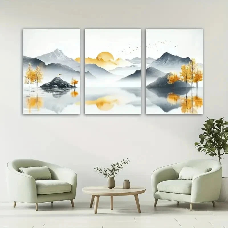 3pcs Abstract Golden Sunrise Lake Scenery Metal Print Ready to Hang Art