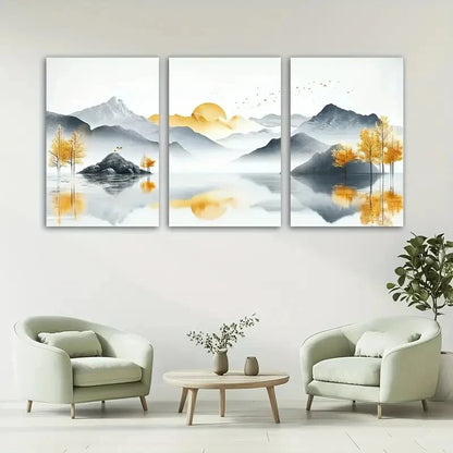 3pcs Abstract Golden Sunrise Lake Scenery Metal Print Ready to Hang Art