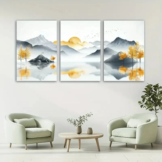 3pcs Abstract Golden Sunrise Lake Scenery Metal Print Ready to Hang Art