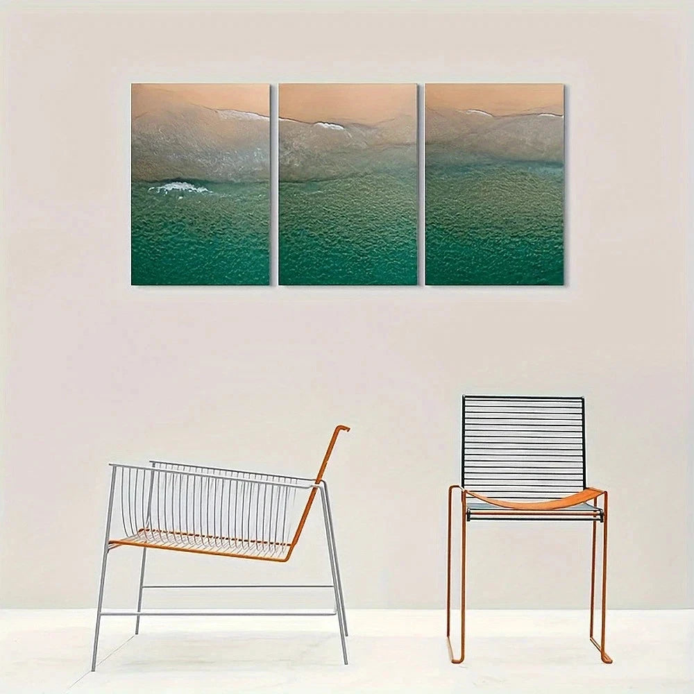 3pcs Modern Beach Beige Green and Blue Metal Print Ready to Hang Art