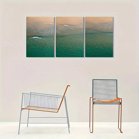 3pcs Modern Beach Beige Green and Blue Metal Print Ready to Hang Art