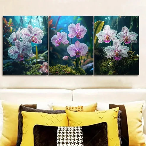 3pcs Purple striped orchids grow on moss Wall Art Set Canvas Unframed - High Quality Print 100% Australian Made Wall Canvas